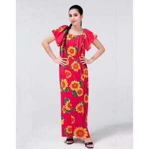 Seven Islands Floral Flutter Sleeve Maxi Dress Pink Yellow Stretchy Women Large